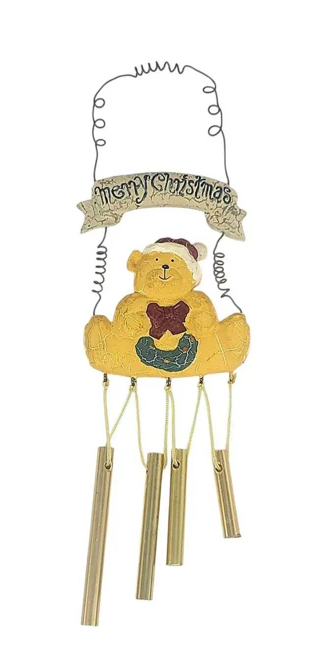 Vintage Resin Folk Art Bear Wind Chime Merry Christmas Sign Ornament CL15